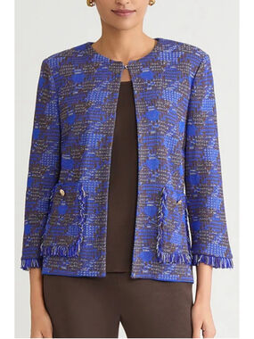 MING WANG Blue Sapphire Sea Heritage Fringe Tweed Knit Jacket Size XS Preppy